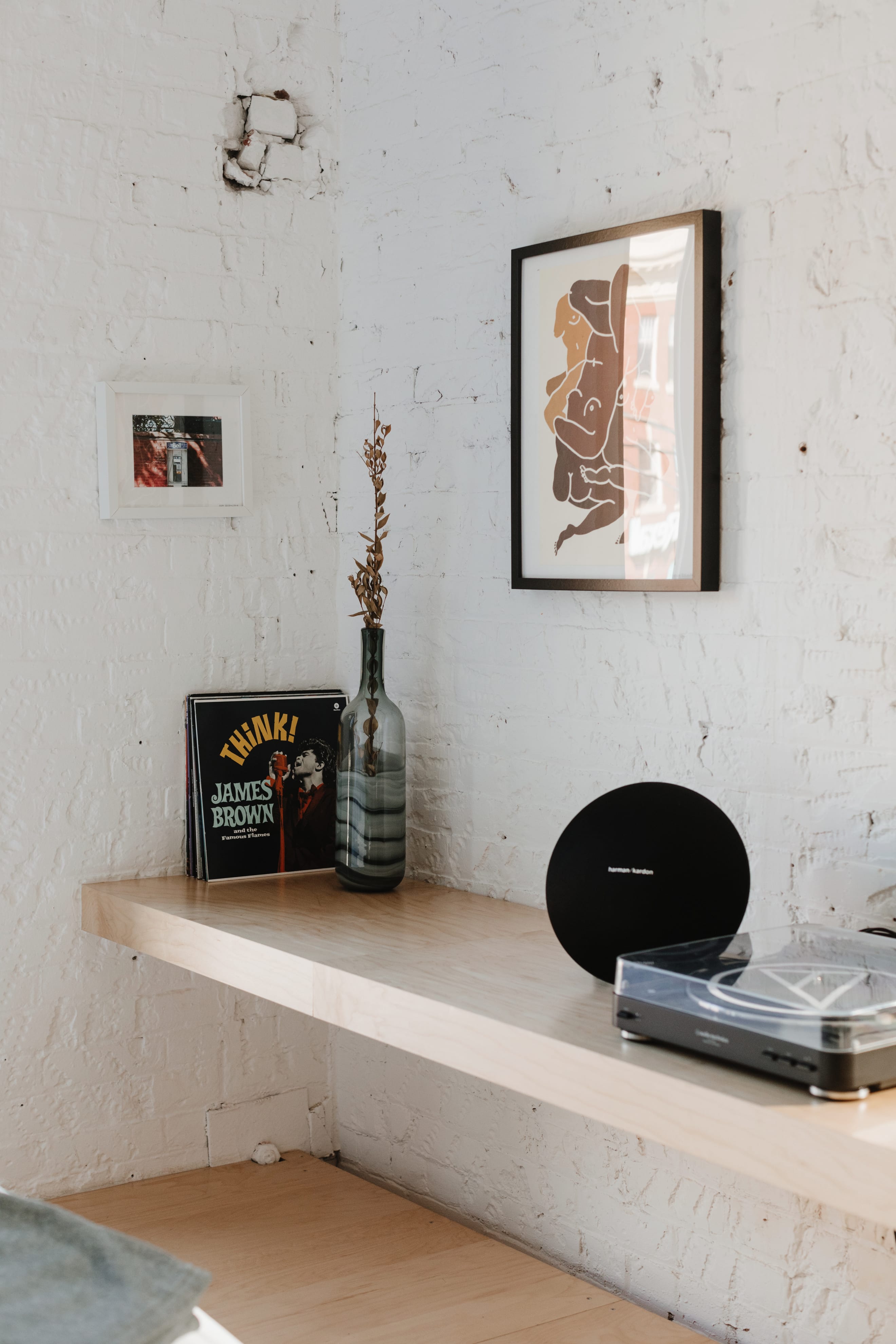 Desk with record player and James Brown record